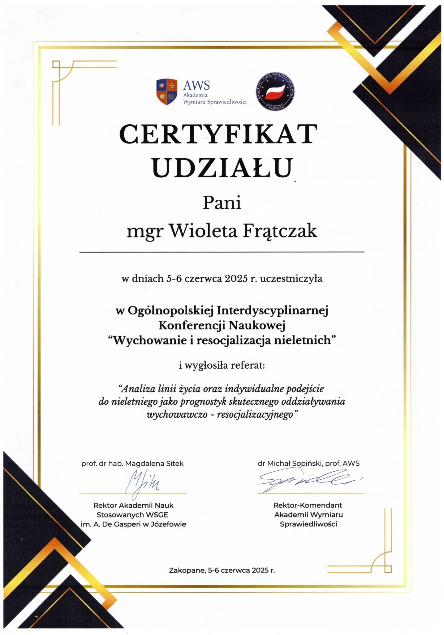 Wygłaszanie referatu pt. Analiza linii życia oraz indywidualne podejście do nieletniego
